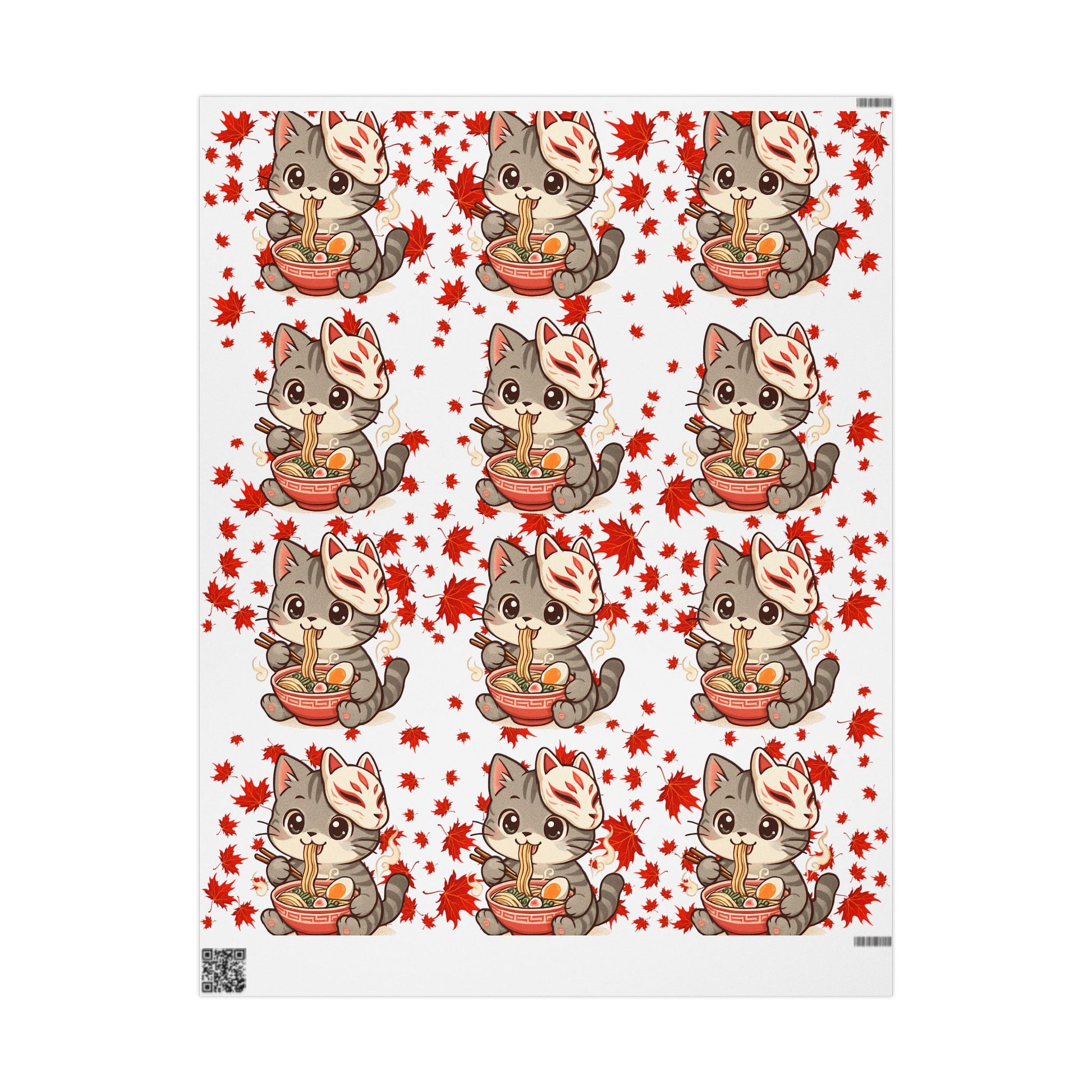 Cat kitsune eating ramen at Christmas, gift wrapping paper, beautiful autumn maple leaf print.