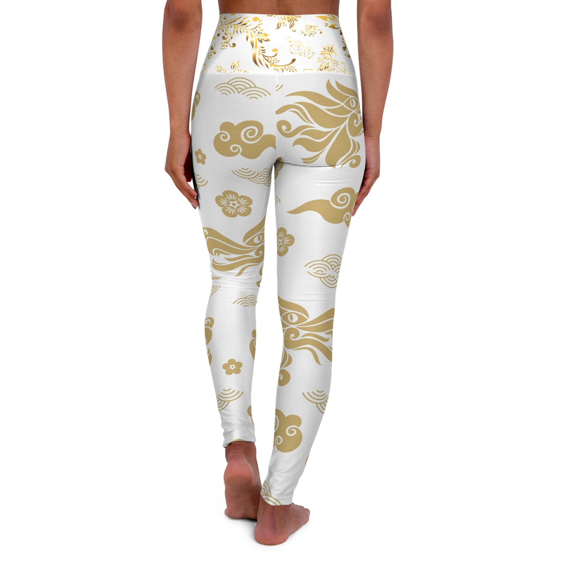 High-Waist Yoga Leggings — Gold Floral Cloud Asian-Inspired Print