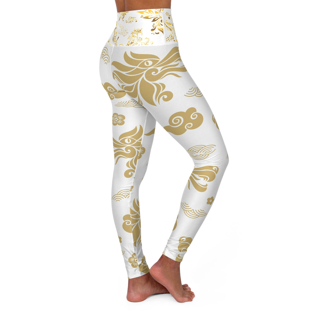 High-Waist Yoga Leggings — Gold Floral Cloud Asian-Inspired Print