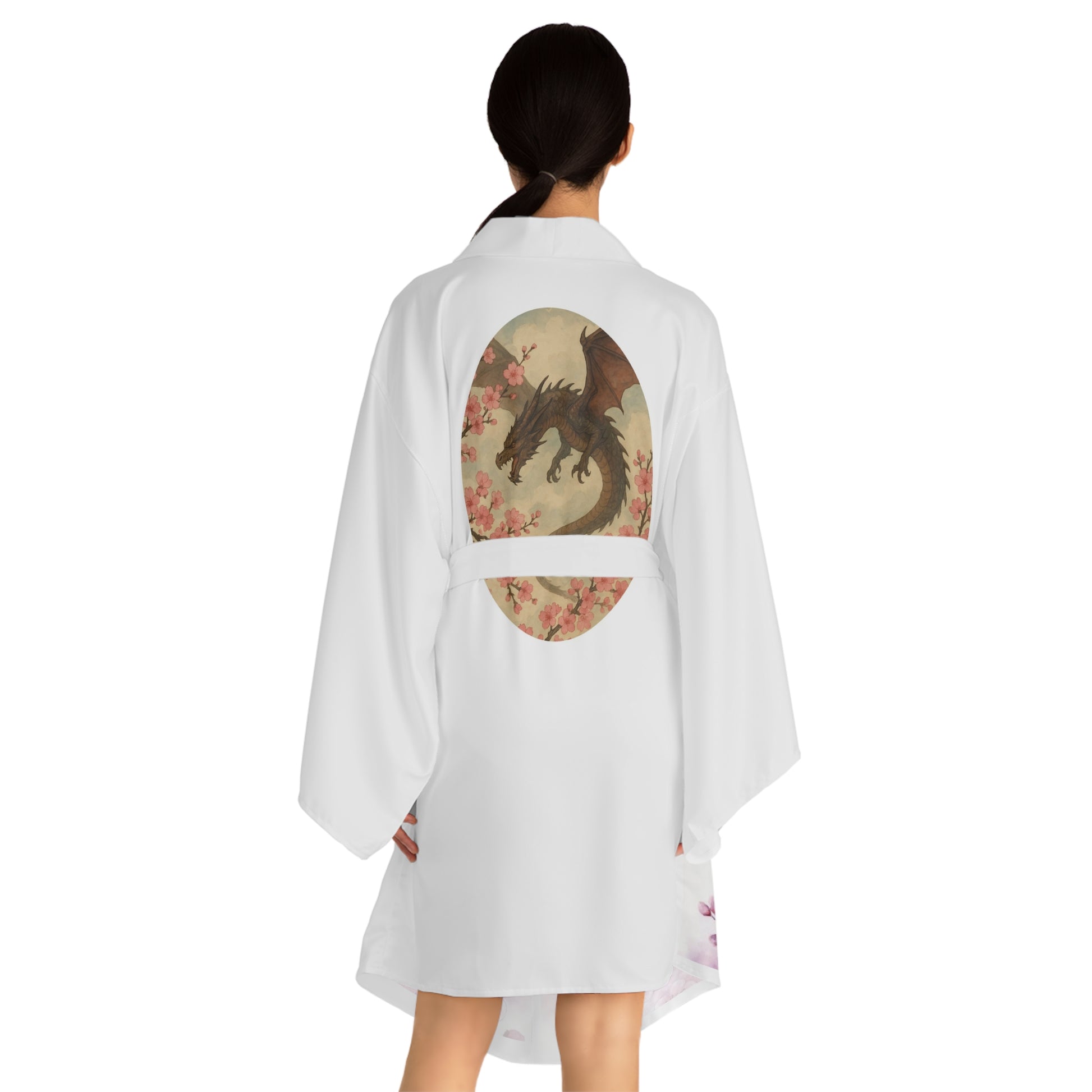 Elegant Floral & Dragon Print Long Sleeve Kimono Robe, Bathrobe, Loungewear, Gift for Her, Relaxation, Summer Evening Wear