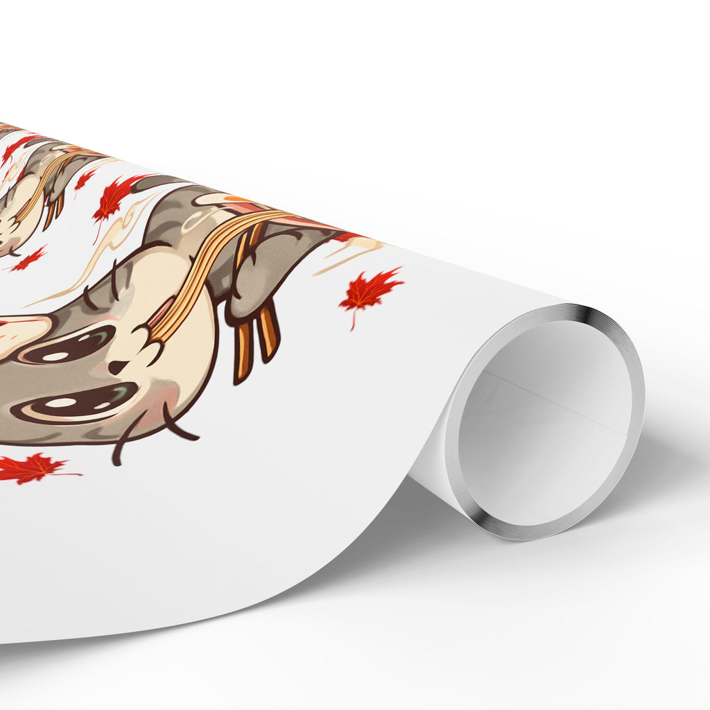 Cat kitsune eating ramen at Christmas, gift wrapping paper, beautiful autumn maple leaf print.