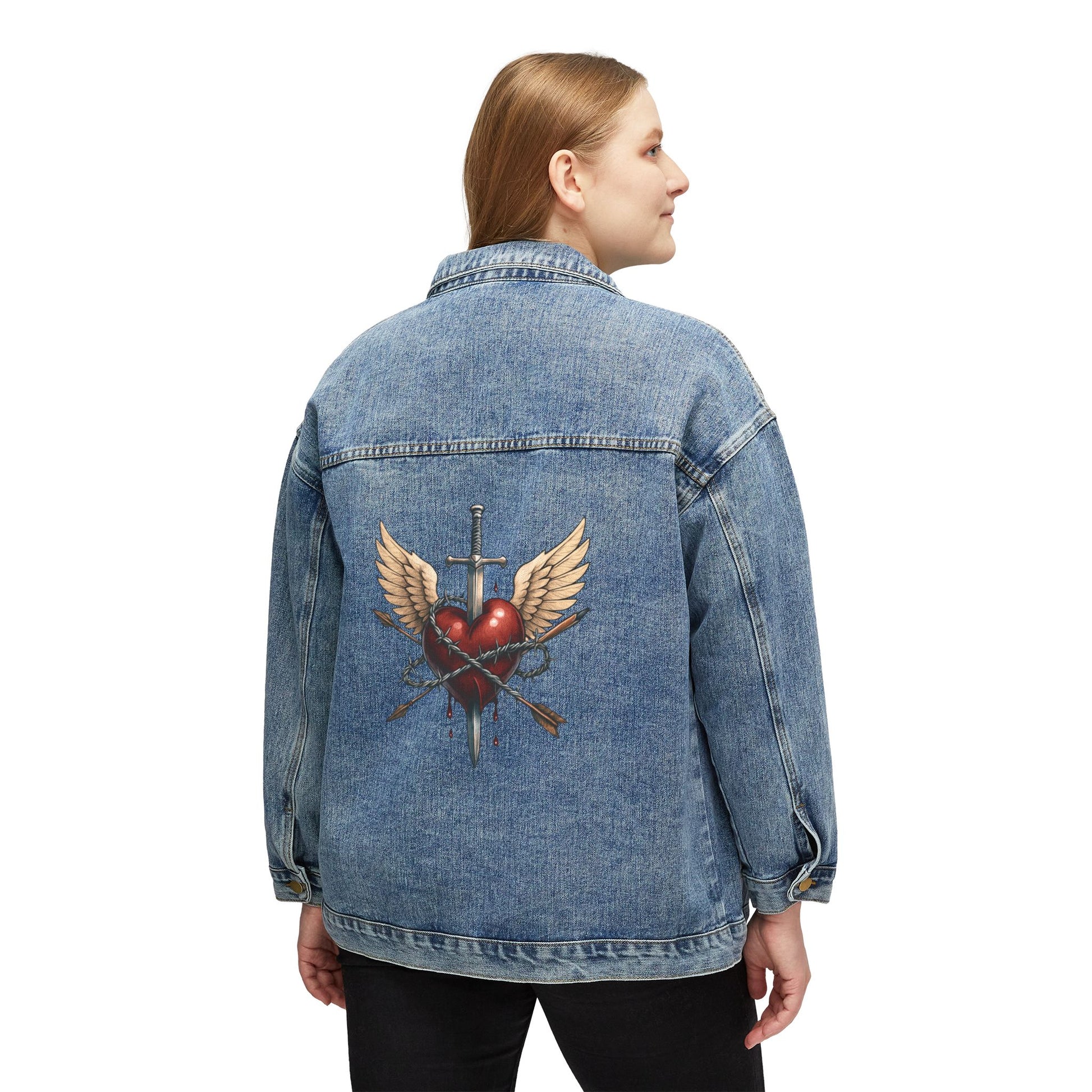 Stylish Women's Denim Jacket with Heart and Wings Design, Casual Jacket, Gift for Her, Vintage Style, Summer Layering, Boho Fashion