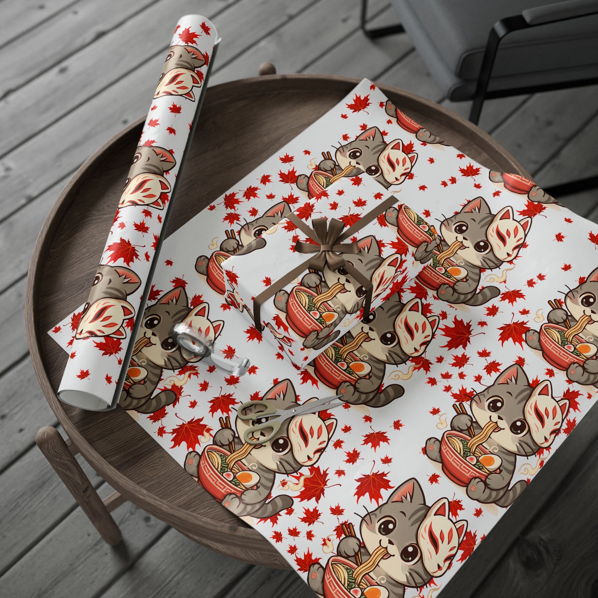 Cat kitsune eating ramen at Christmas, gift wrapping paper, beautiful autumn maple leaf print.