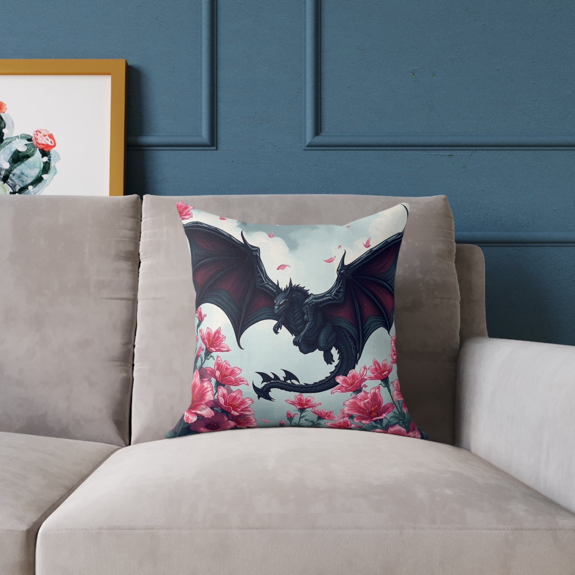 Dragon Floral Square Pillow, Decorative Pillow, Fantasy Home Decor, Dragon Lover Gift, Throw Pillow for Living Room, Unique Gift Idea