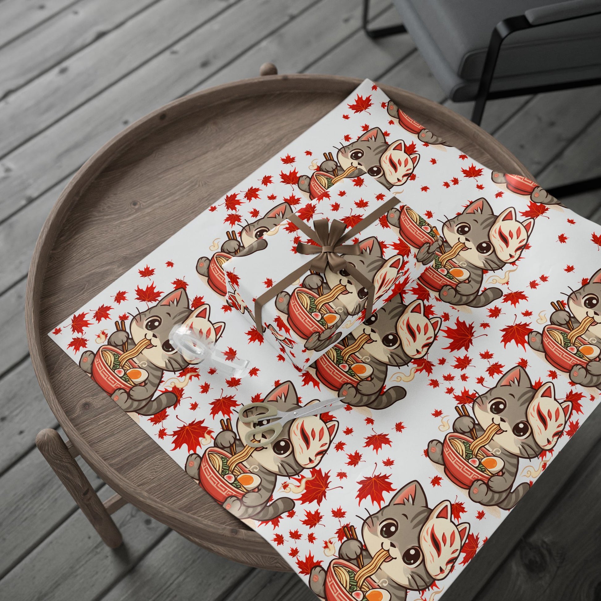 Cat kitsune eating ramen at Christmas, gift wrapping paper, beautiful autumn maple leaf print.