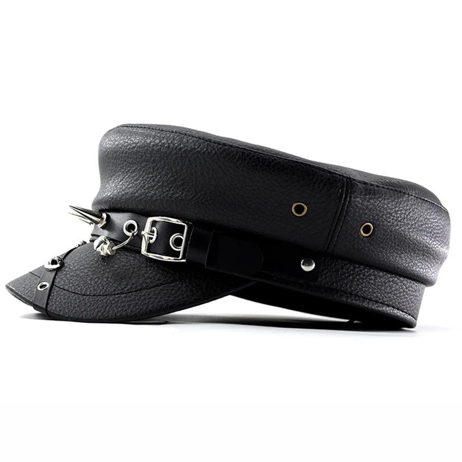 Women's Fashion Beret, Black Faux Leather Flat Military Beret, Captain Style, Gothic Rocker Style for Women 