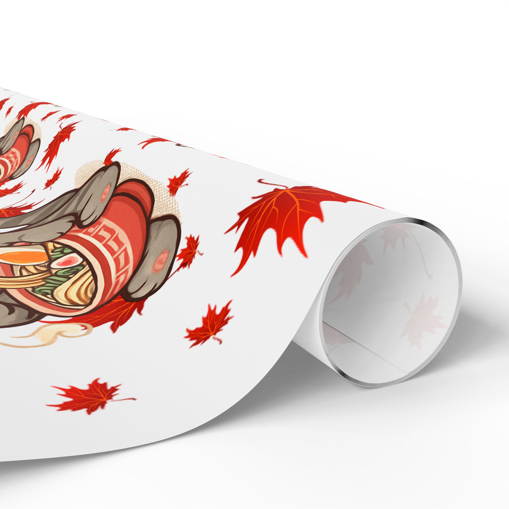 Cat kitsune eating ramen at Christmas, gift wrapping paper, beautiful autumn maple leaf print.
