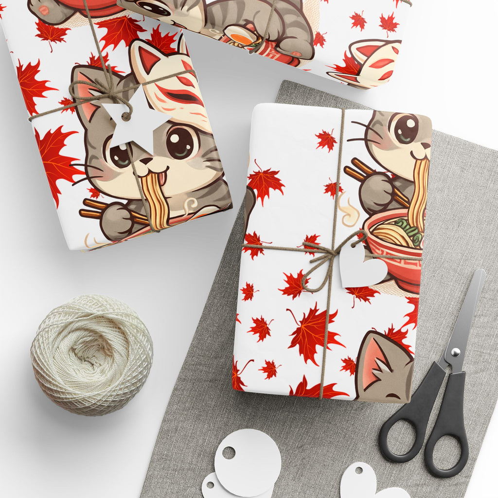 Cat kitsune eating ramen at Christmas, gift wrapping paper, beautiful autumn maple leaf print.