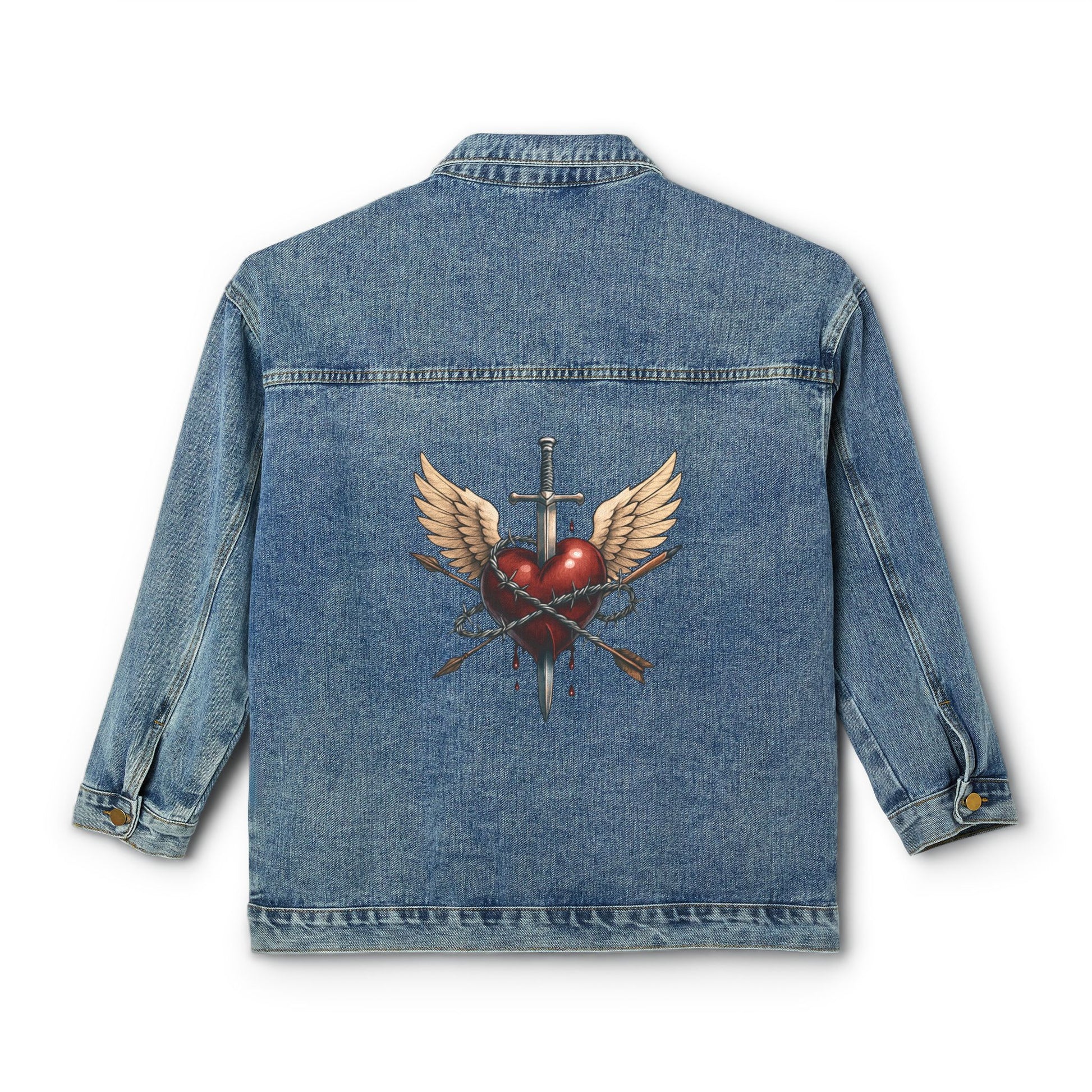 Stylish Women's Denim Jacket with Heart and Wings Design, Casual Jacket, Gift for Her, Vintage Style, Summer Layering, Boho Fashion