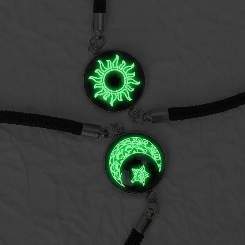 Black braided couple bracelets, sun and moon luminescent bracelets, fashion jewelry.