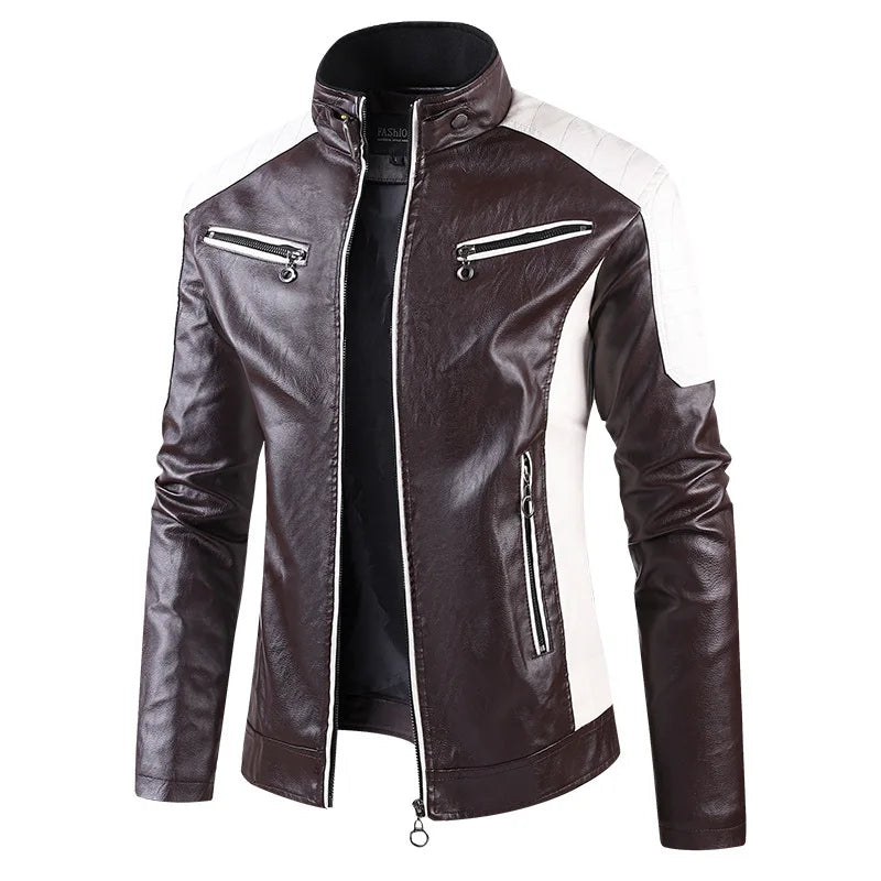Men's Faux Leather Biker Jacket with Stand Collar, Fashion 2025