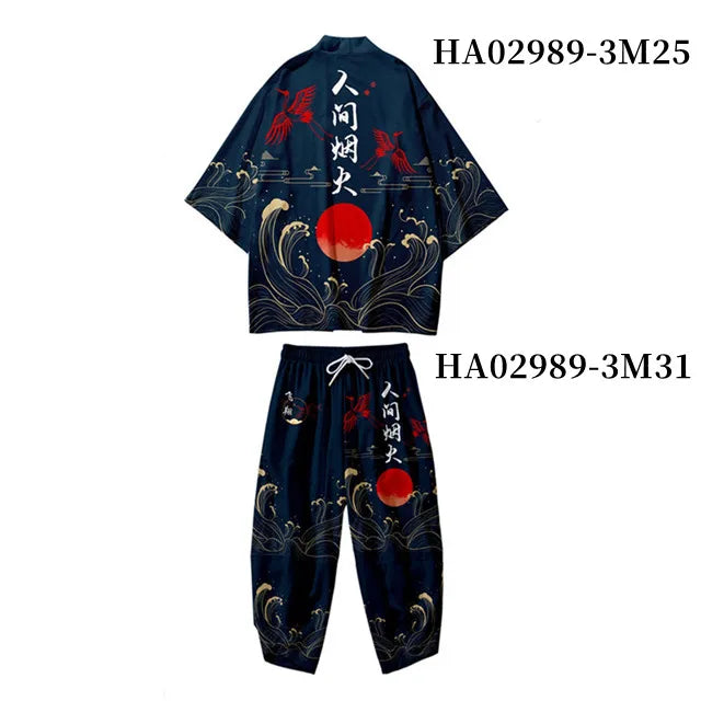Traje de dos piezas estilo japonés, conjunto de kimono unisex