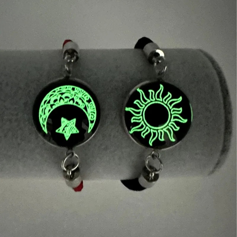 Black braided couple bracelets, sun and moon luminescent bracelets, fashion jewelry.