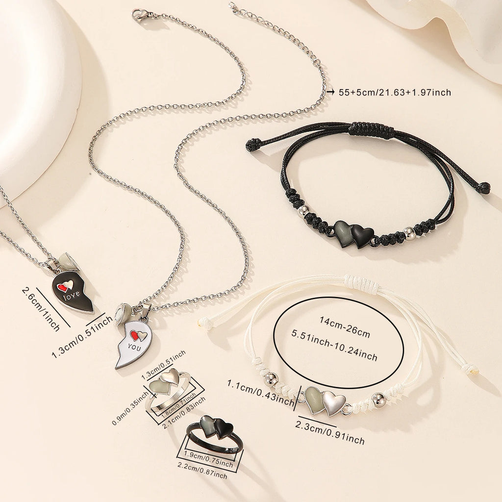 6 Pieces Set, Glow in the Dark Heart Shape Bracelets, Necklaces and Rings for Couples, Fashion Jewelry.