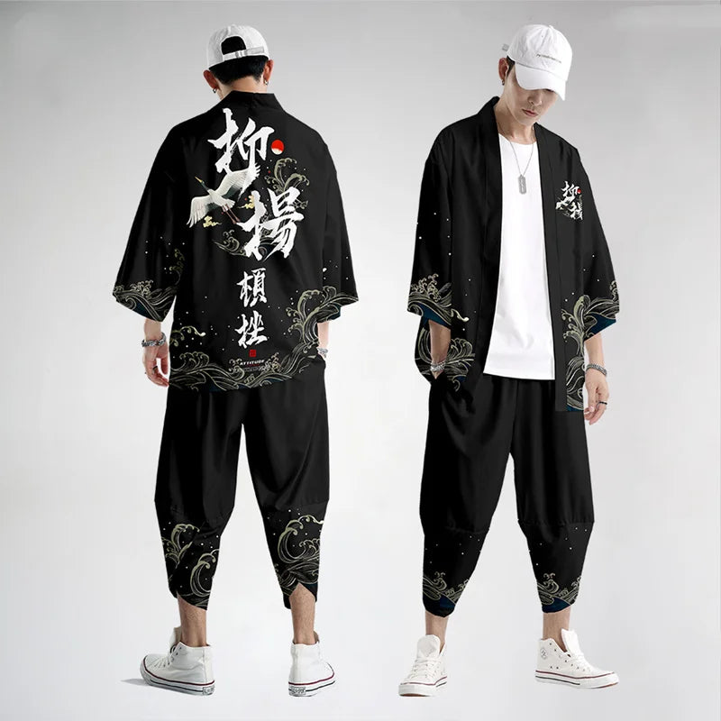 Traje de dos piezas estilo japonés, conjunto de kimono unisex