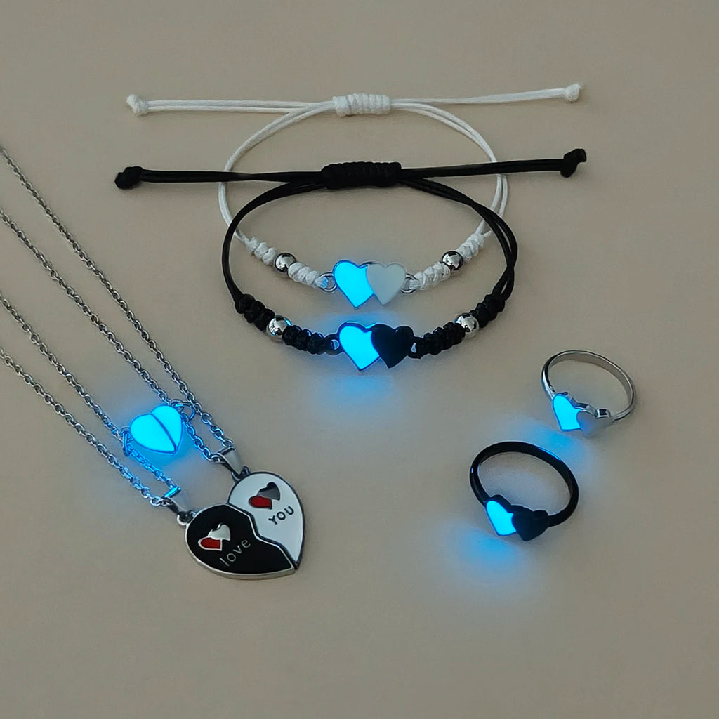 6 Pieces Set, Glow in the Dark Heart Shape Bracelets, Necklaces and Rings for Couples, Fashion Jewelry.