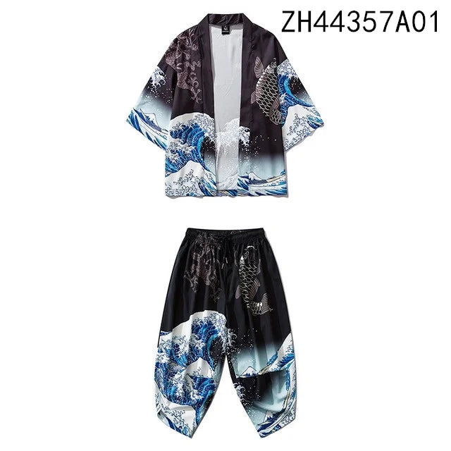 Traje de dos piezas estilo japonés, conjunto de kimono unisex