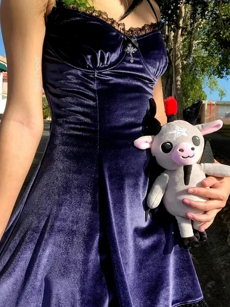 Women's Sexy Black Velvet Gothic Mini Dress Vintage Elegant Aesthetic Party Club Dress