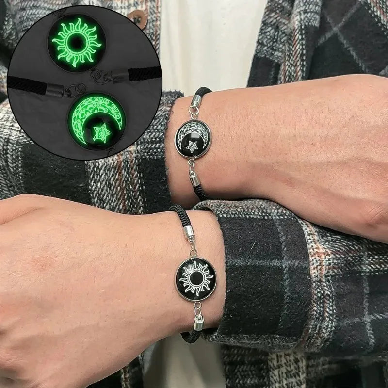 Black braided couple bracelets, sun and moon luminescent bracelets, fashion jewelry.