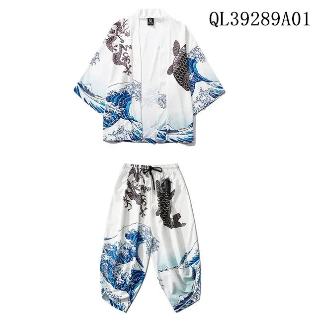 Traje de dos piezas estilo japonés, conjunto de kimono unisex