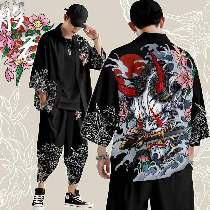 Traje de dos piezas estilo japonés, conjunto de kimono unisex