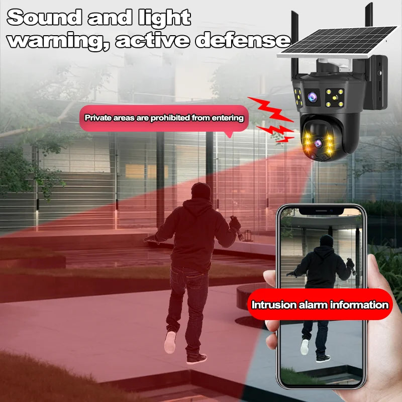 Solar-powered security camera, wireless, PIR motion alarm, cloud storage, two-way audio