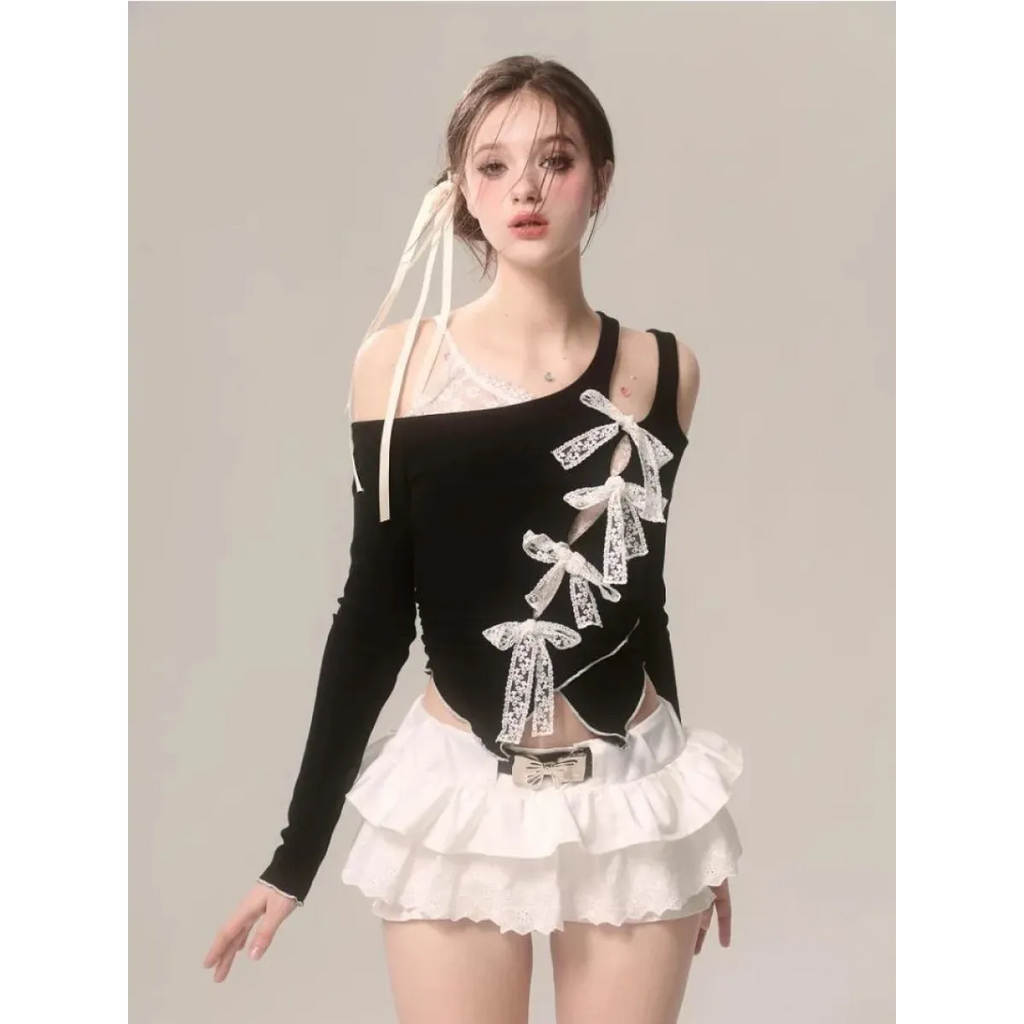 Lace Bow Cutout Top – Kawaii Y2K Harajuku Aesthetic